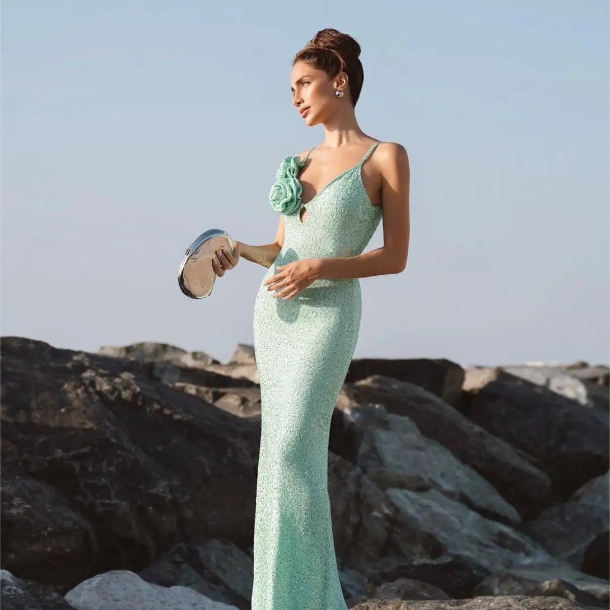 2024 Summer Mint Green Sequins Spaghetti Strap Ankle Length Dress Graceful Woman Evening Party Dress Holiday Vocation Outfit