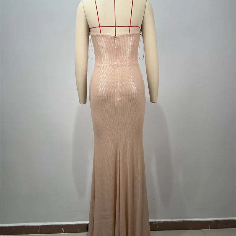 2025 New Shining Sequin Sexy Mesh See Through Strapless Ankle Length Dress Woman Evening Party Dress Celebrity Party Vestido