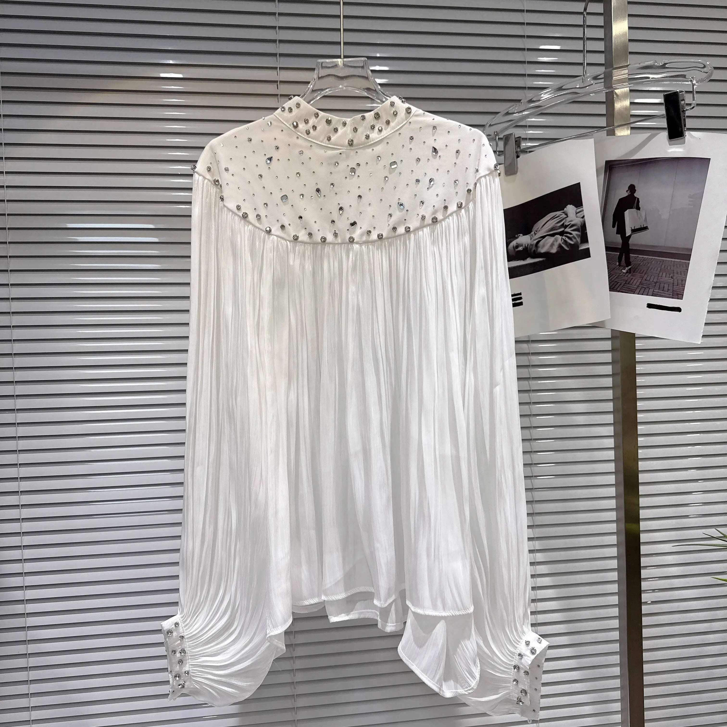 Winter New Fashion Diamond Design Loose Heavy Chiffon Blouse For Women Casual Versatile Shirts Female Trend 11A07689 White One Size