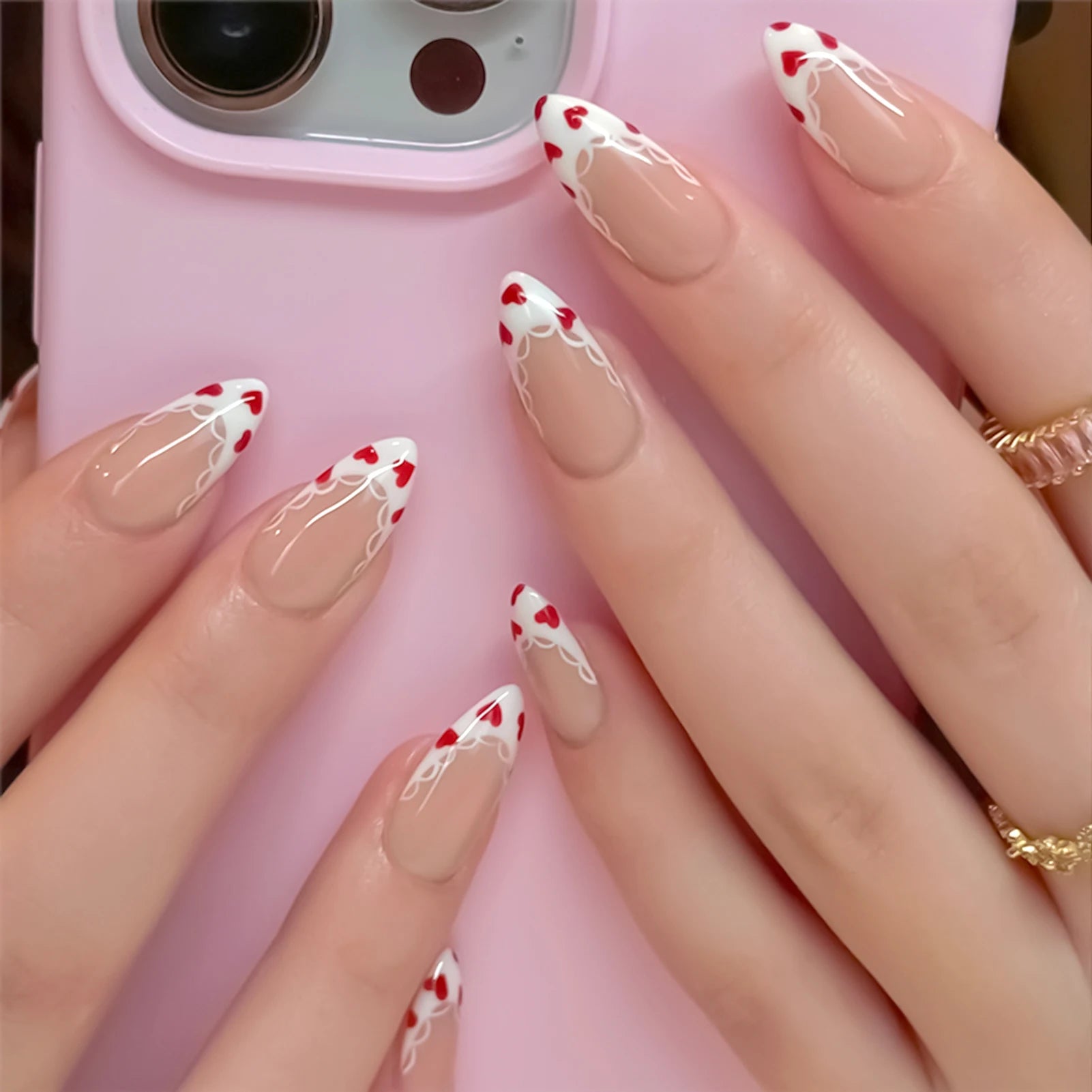 Gentle Women Almond Fake Nails 24Pcs White French Press on Nails Red Love Heart Printed Valentine's Day Charm Manicure Nails Art As show