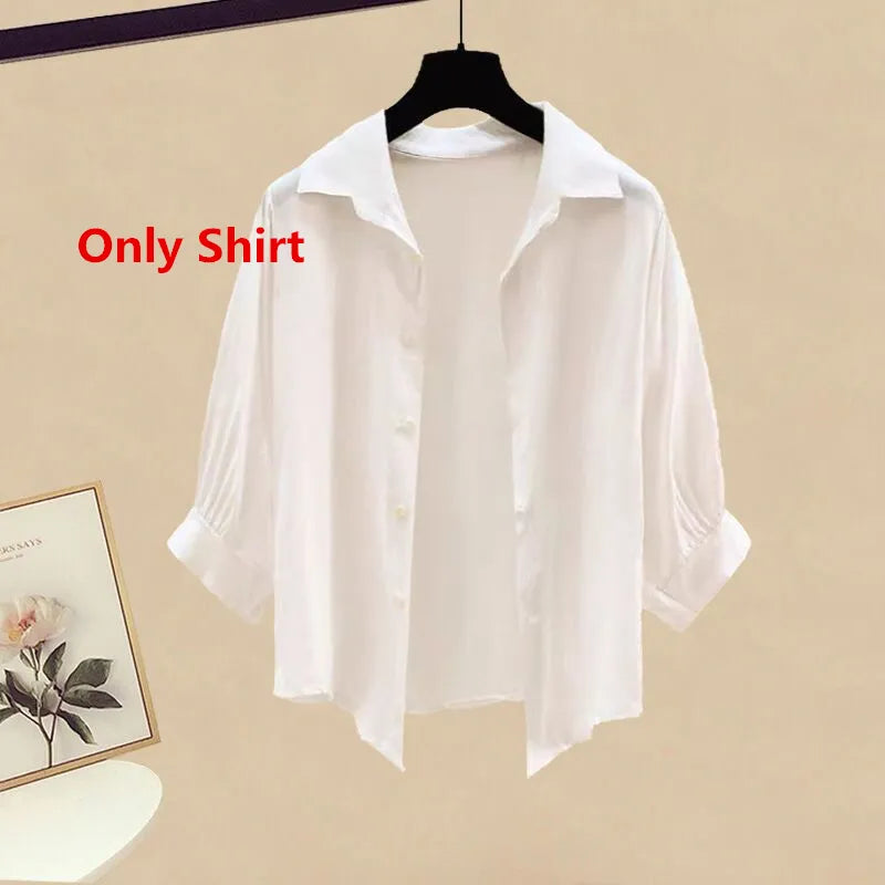 Women High Waist Long Denim Pants 2024 Summer Lady Daily Solid Shirt Vest Jeans 3 Piece Set Korean Fashion Blouse Tank Top Suits Only Shirt