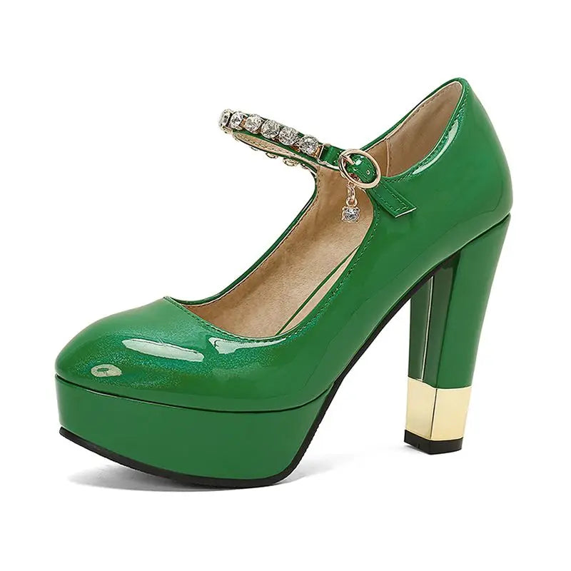 SIMLOVEYO Patent Leather Women Pumps Round Toe High Heels 11.5cm Platform Buckle Strap Size 49 50 Sexy Party Shoes WHITE