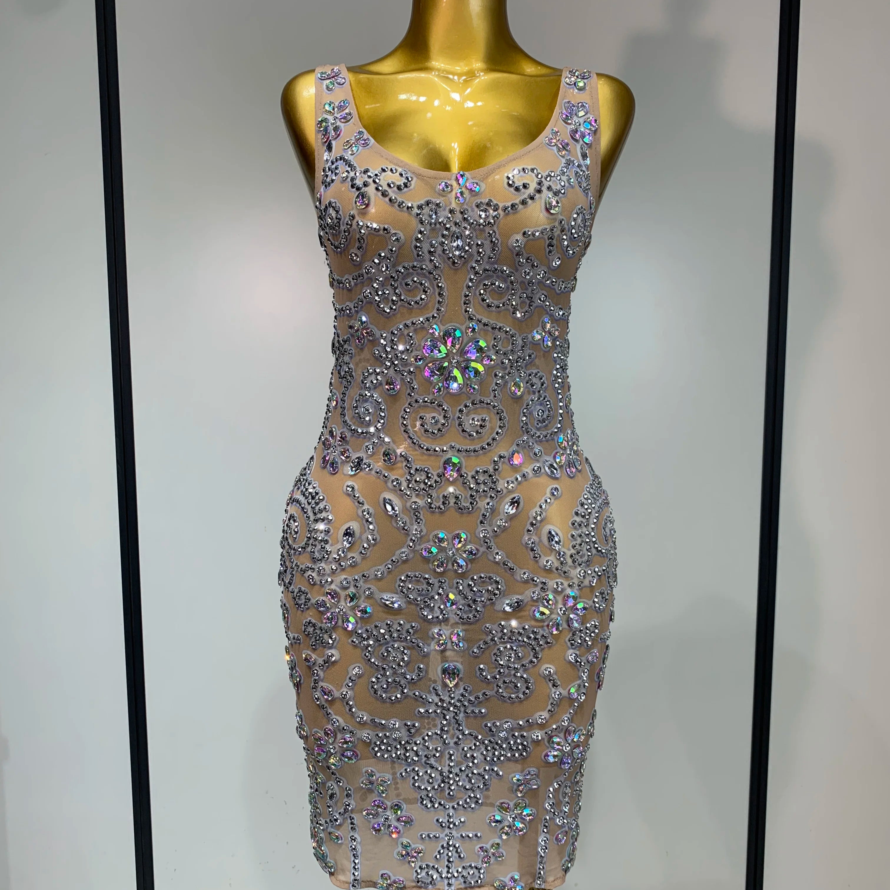 Celebrity Elegant Party Sparkly Rhinestones Transparent Mesh Short Dress Luxury Birthday Nightclub Outfit Perform Stage Costume Beige