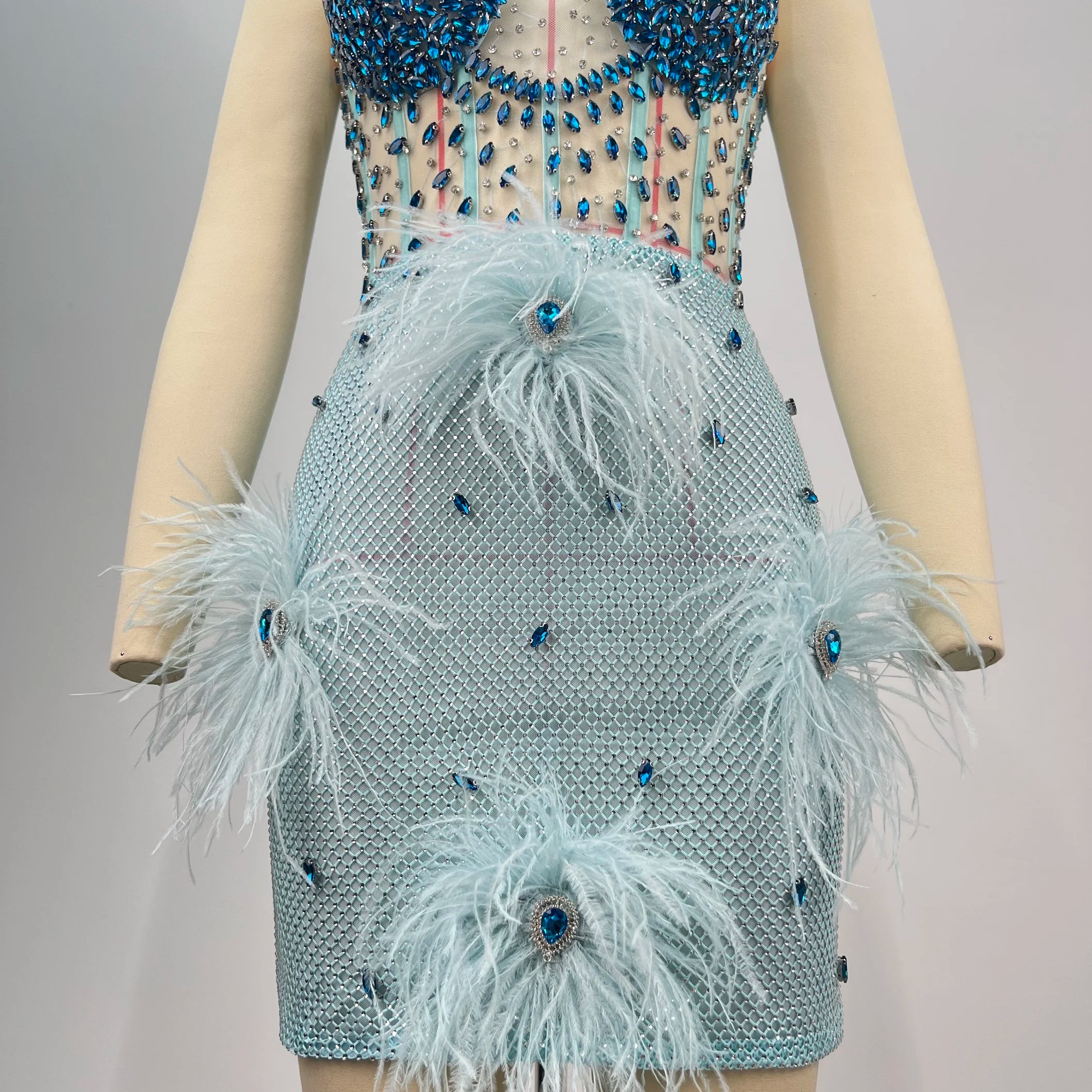 Luxury Feather Dazzling Diamonds Sexy Mesh See Through Light Blue Mini Dress Celebrity Birthday Party Dress Performance Costume