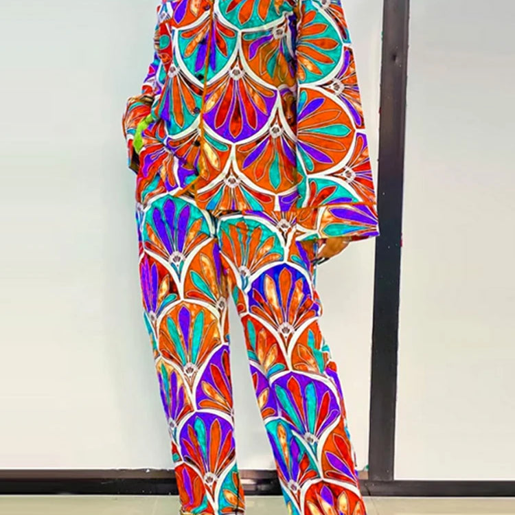 Plus Size 5XL VONDA Women Vintage Printing Long Sleeve Tops Wide Leg Pant Sets Outfits 2025 Casual Loose Bohemian 2 Piece Suits Orange