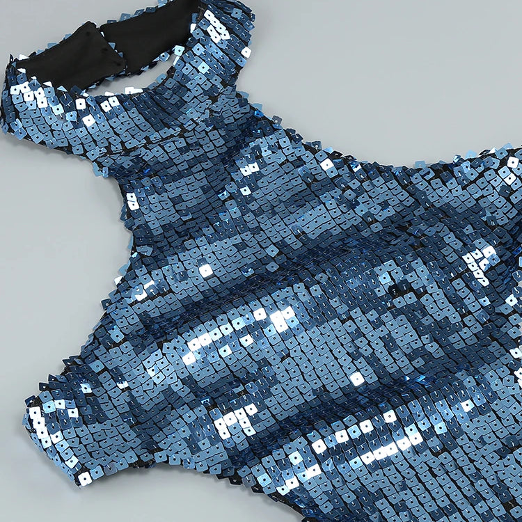 Blue Shiny Sequined Hatler Evening Dress Backless Cut Out Sleeveless Prom Bodycon Wedding Party Cocktail Evening Gown Vestido