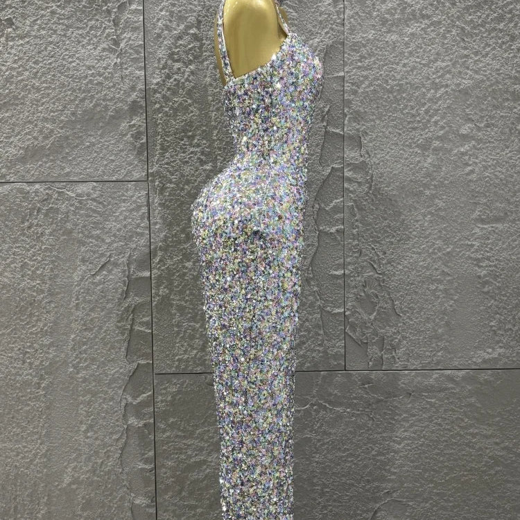 Colorful Sequins Women Sexy Strapless Bodycon Long Dress Necklace Celebrate Evening Party Nightclub Party Bar Singer Outfit