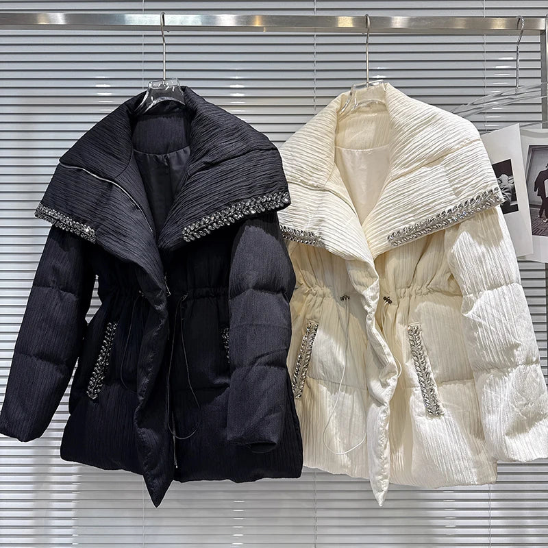 Winter New Heavy Beaded Lapel Drawstring Waist Warm Mid-Length Jacket For Women Loose Cotton-padded Coat 11A07671