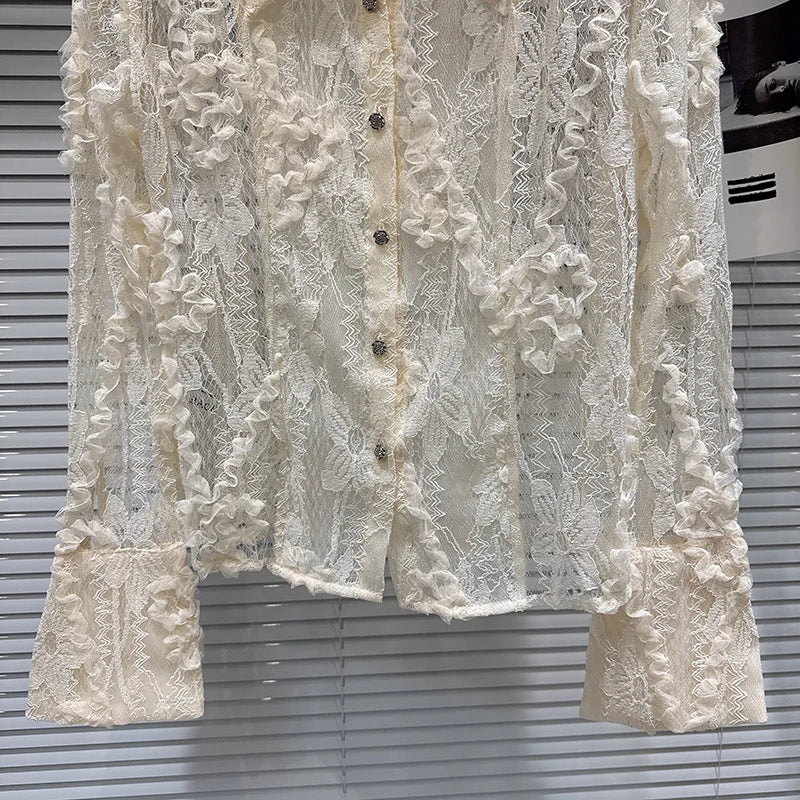 Winter New Fashion Pleated Lace Embroidery Shoulder Pad Long Sleeve Lapel Shirt For Women Blouse Female 11A07582