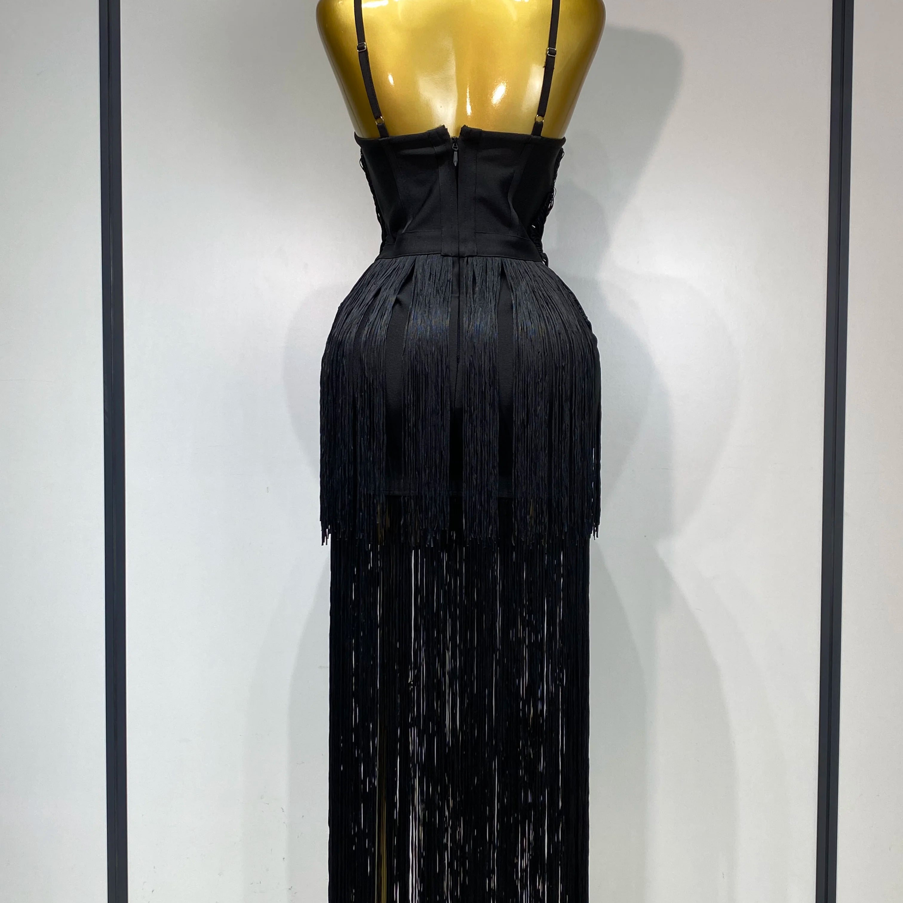 Women Sexy Backless Tassel Black Ankle Bodycon Bandage Dress 2025 Celebrity Elegant Evening Club Luxury Birthday Party Dresses