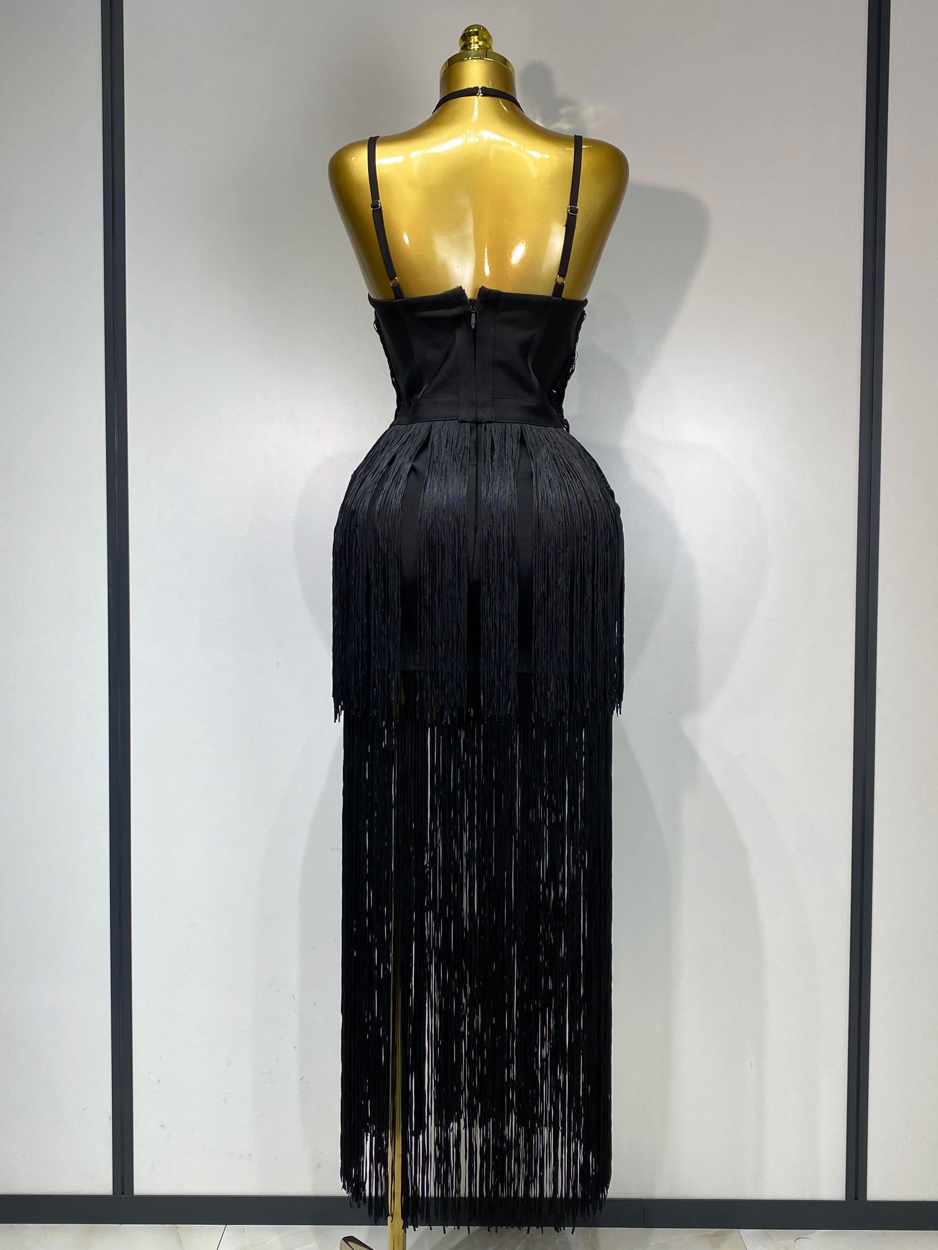 Women Sexy Backless Tassel Black Ankle Bodycon Bandage Dress 2025 Celebrity Elegant Evening Club Luxury Birthday Party Dresses