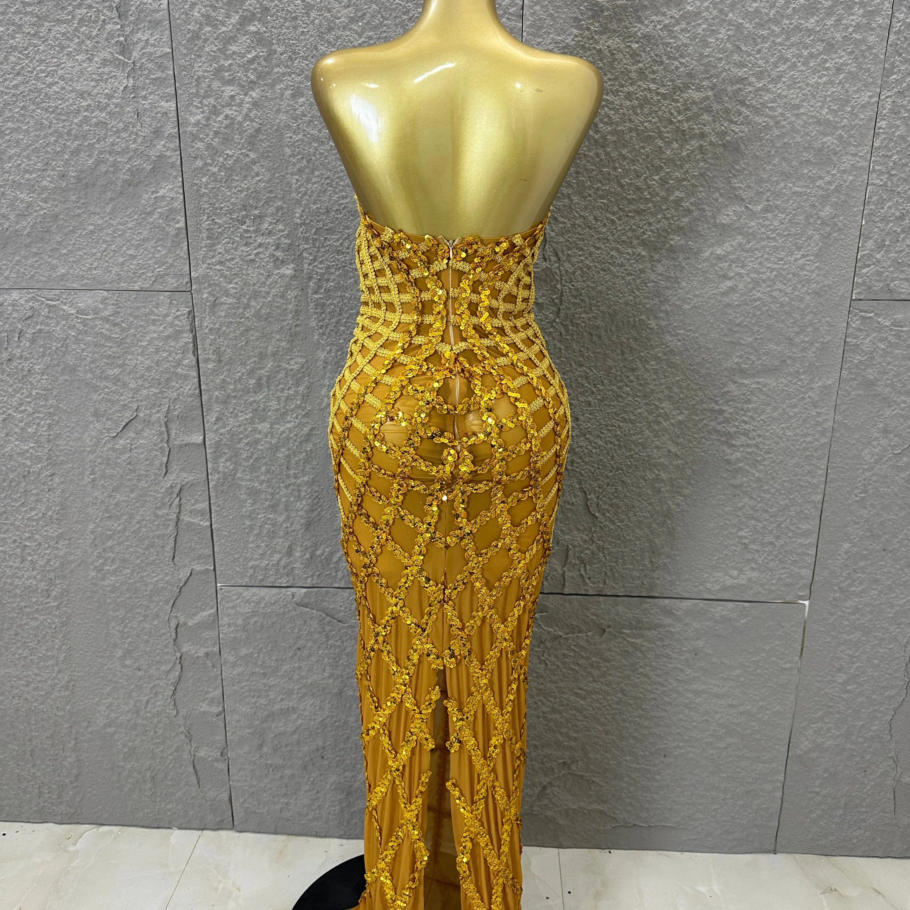 Elegant Sequined Sheer Mesh Maxi Dress Women Sexy Strapless 3D Grid Embellished Bodycon Mermaid Outfit Stage Performance Costume