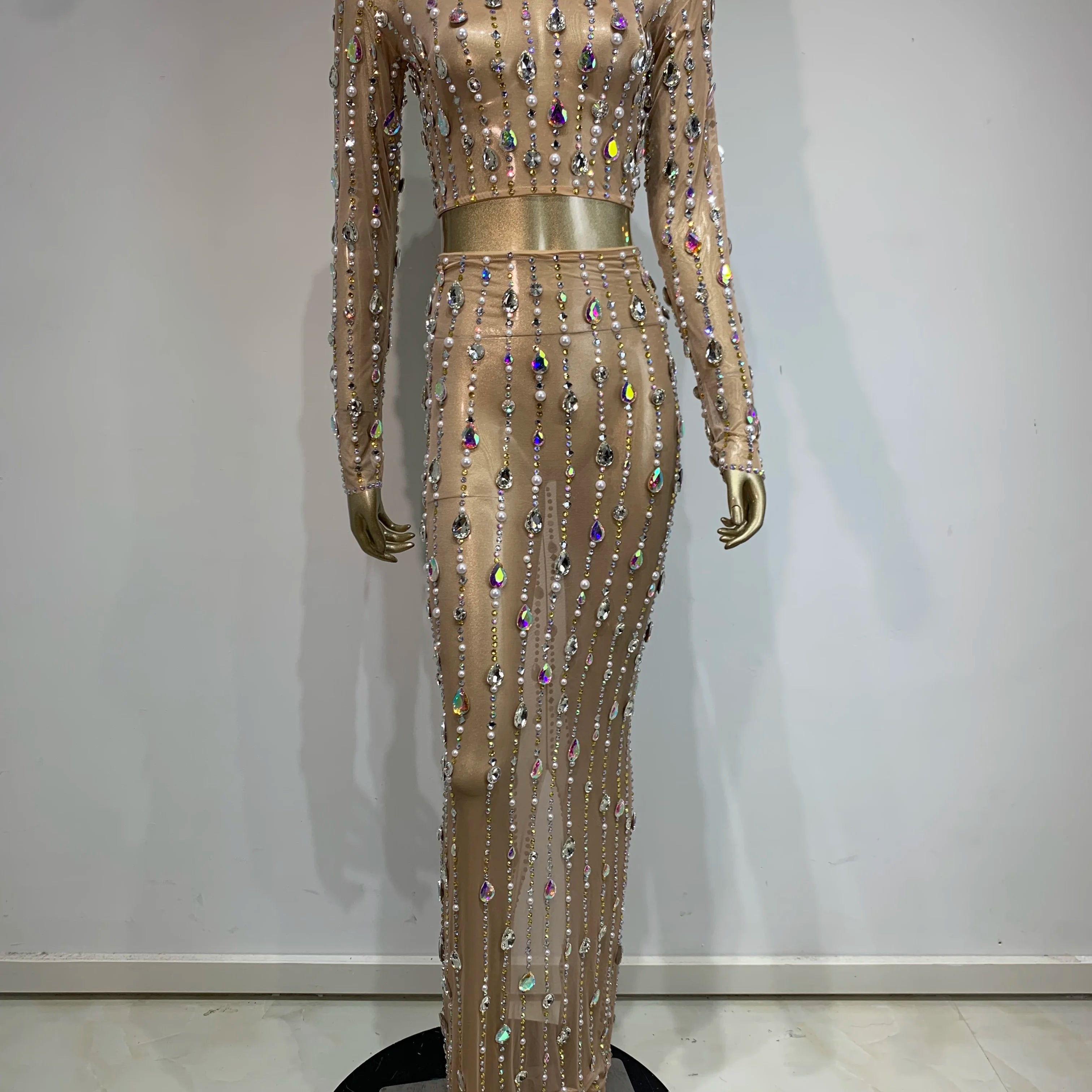 Stock Women Long Sleeve Rhinestone Sparkly Maxi Long Skirt Set Birthday Party Costume Bar Nightclub Stage Performance Clothing