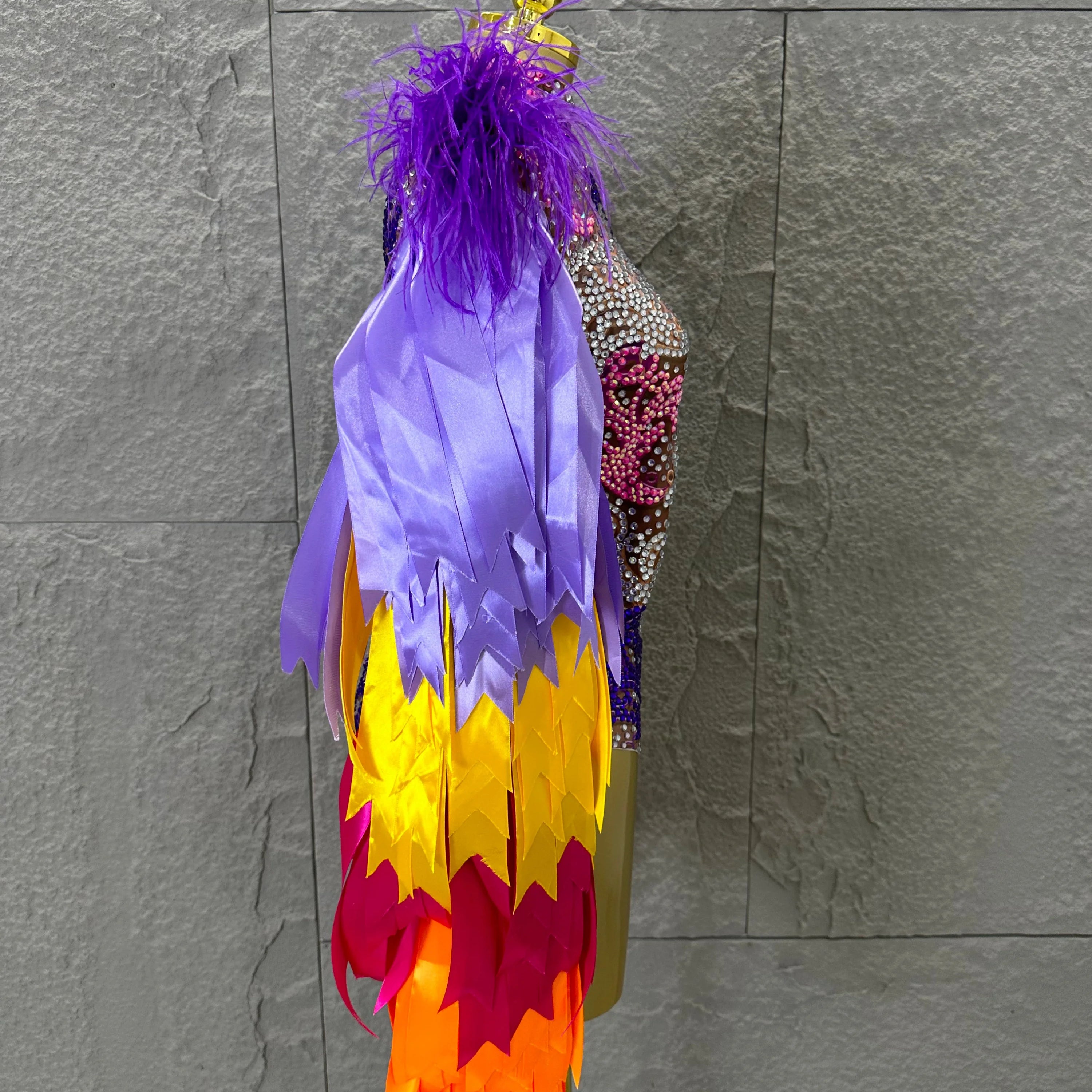 Sexy 2026 High Neck Sheer Mesh Bodysuit Women Purple Pink Crystal Fringe Long Sleeve Outfit Luxury Drag Queen Costume