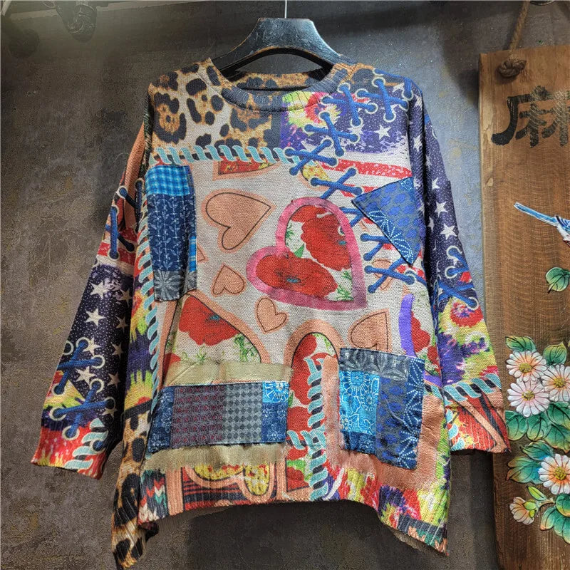 Autumn Winter New Printed Contrast Color Loose Round Neck Knitted Sweater For Women Versatile Pullover Trendy 11A07723 Picture Color One Size