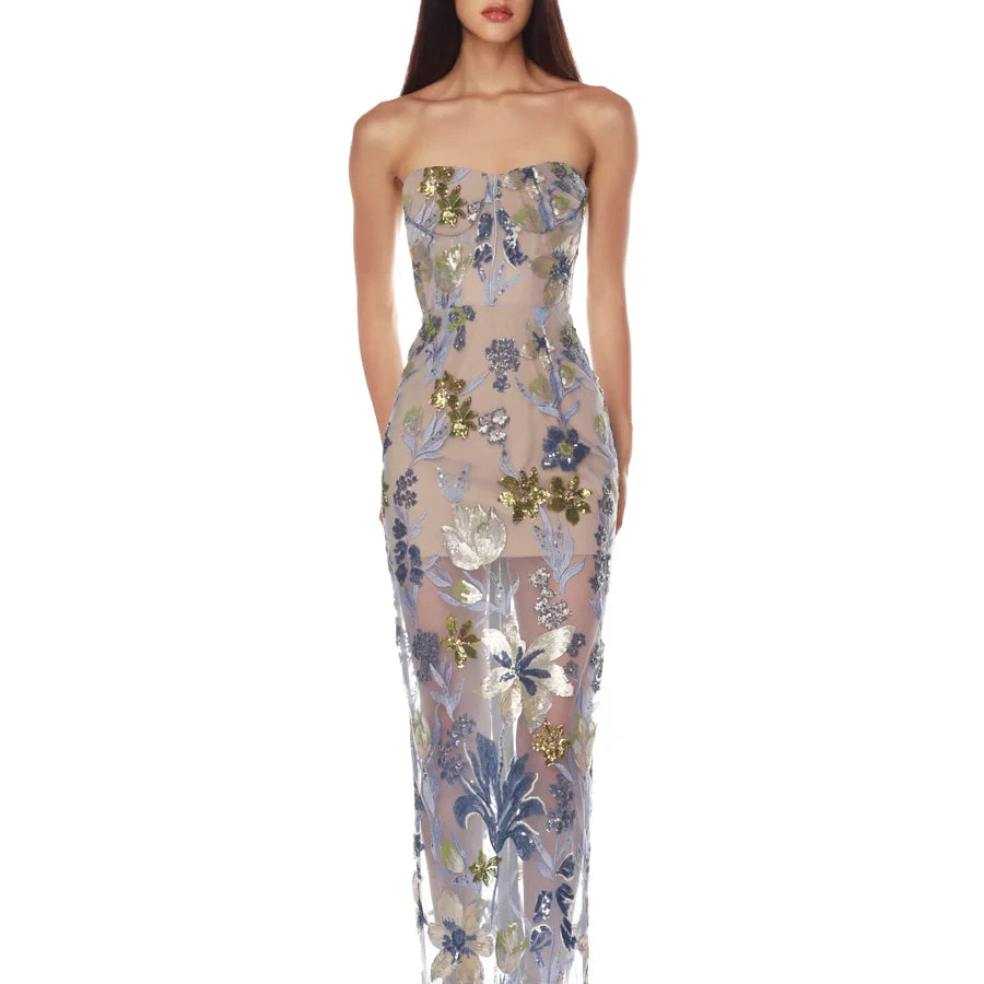 Sequin Flower Embroidery Sexy Mesh See Through Strapless Ankle Length Dress Woman Evening Party Dress Celebrity Cocktail Vestido As picture