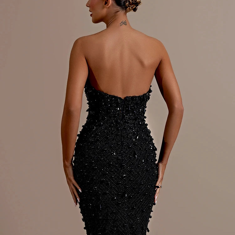 Stunning Strapless Sleeveless Black Crystal Sequin Dress Luxury Party Evening Gown