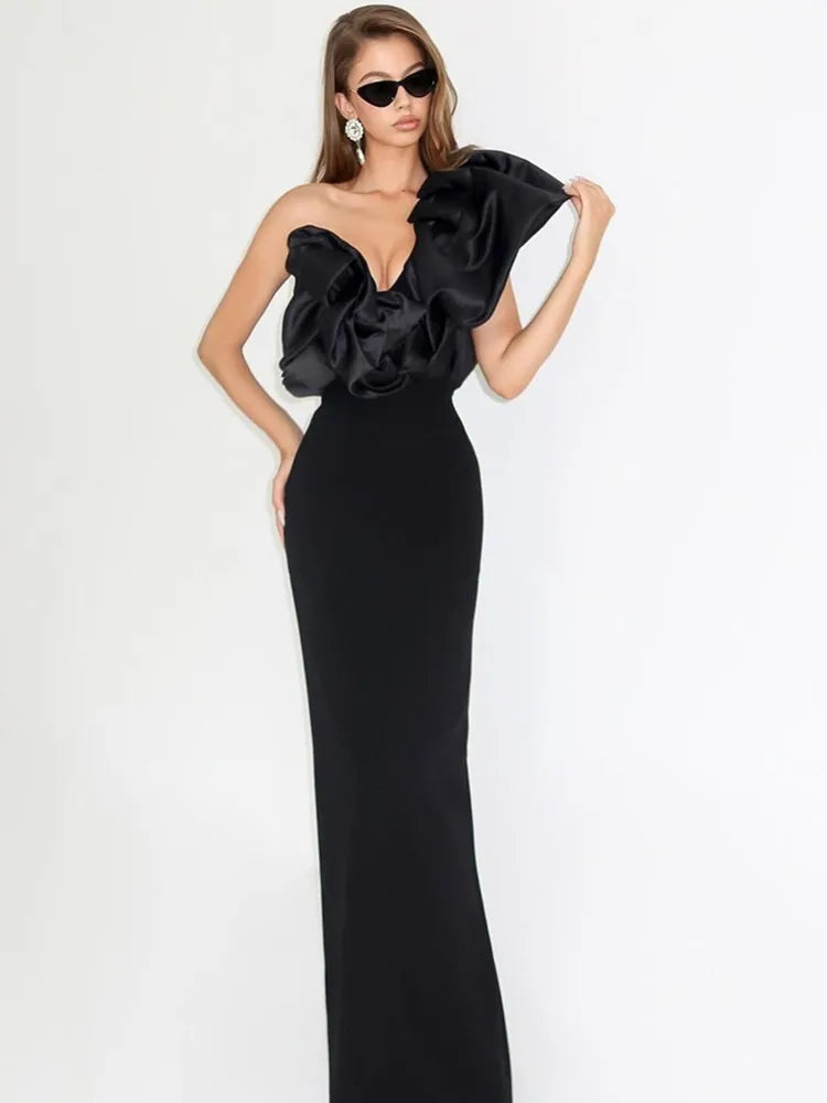 New Women Sexy One Shoulder Ruffles Black Maxi Long Bodycon Bandage Dress 2024 Elegant Evening Club Party Dress black
