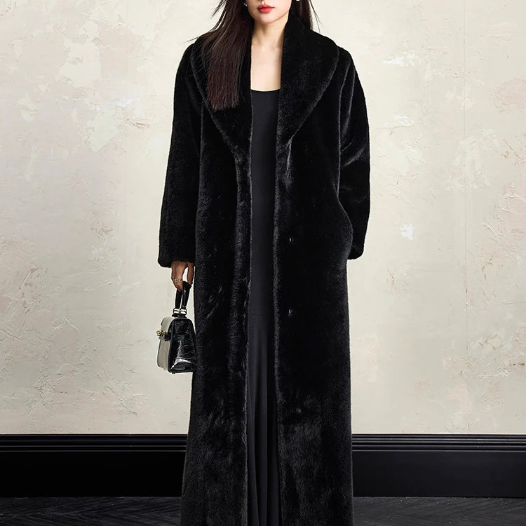 Lautaro Winter Extra Long Elegant Luxury Chic Thick Warm Soft Black Fluffy Faux Fur Coat Women Shawl Collar Furry Overcoat 2025 Black