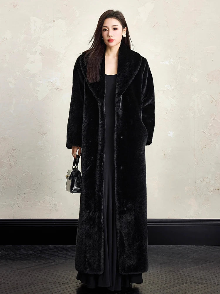 Lautaro Winter Extra Long Elegant Luxury Chic Thick Warm Soft Black Fluffy Faux Fur Coat Women Shawl Collar Furry Overcoat 2025 Black