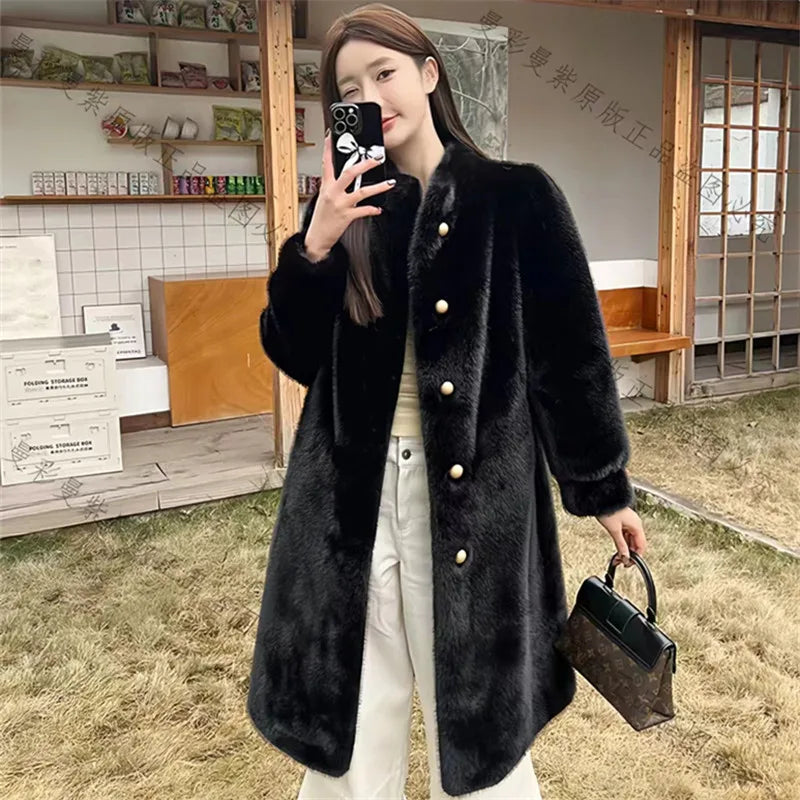 Long Faux Fur Coat for Women, Turn-down Collar, Loose Thicken Warm Teddy Jacket, Female Clothes, Winter, New, 2024 black