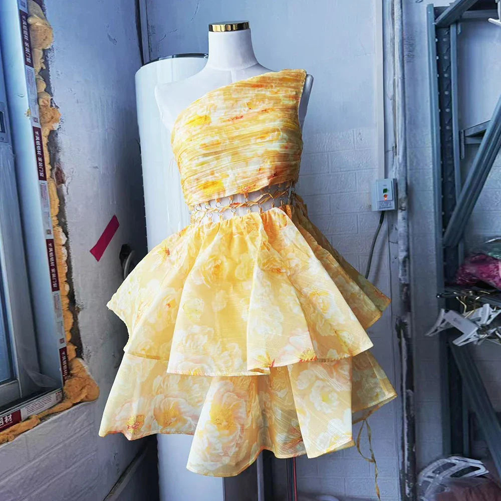 Printing Hollow Out A Line Dress For Women Diagonal Collar Sleeveless High Waist Patchwork Lace Up Dresses Female YELLOW