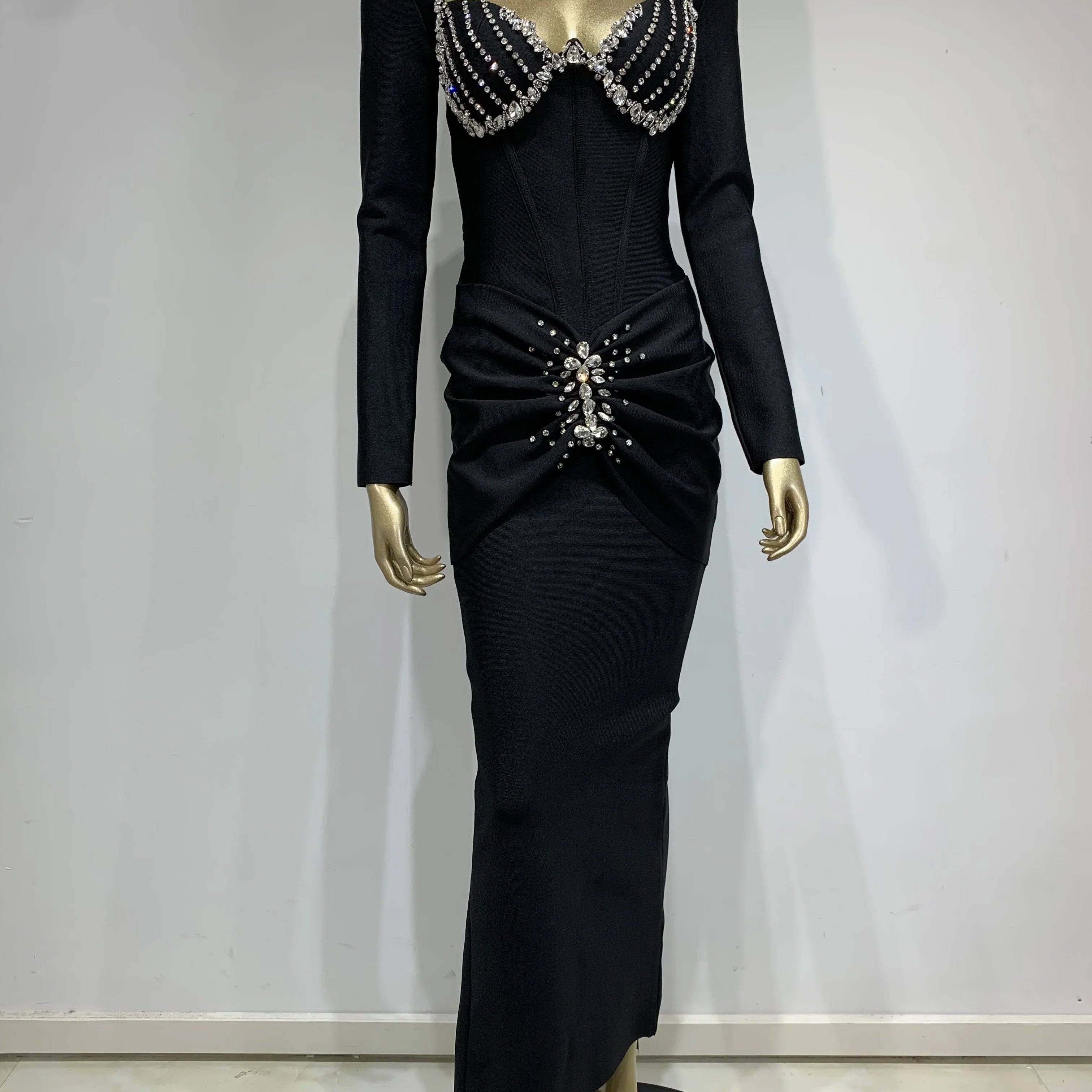 Women Celebrity Sexy Long Sleeve Beading Ruffles Black Maxi Long Bodycon Bandage Dress 2025 Elegant Evening Club Party Dress