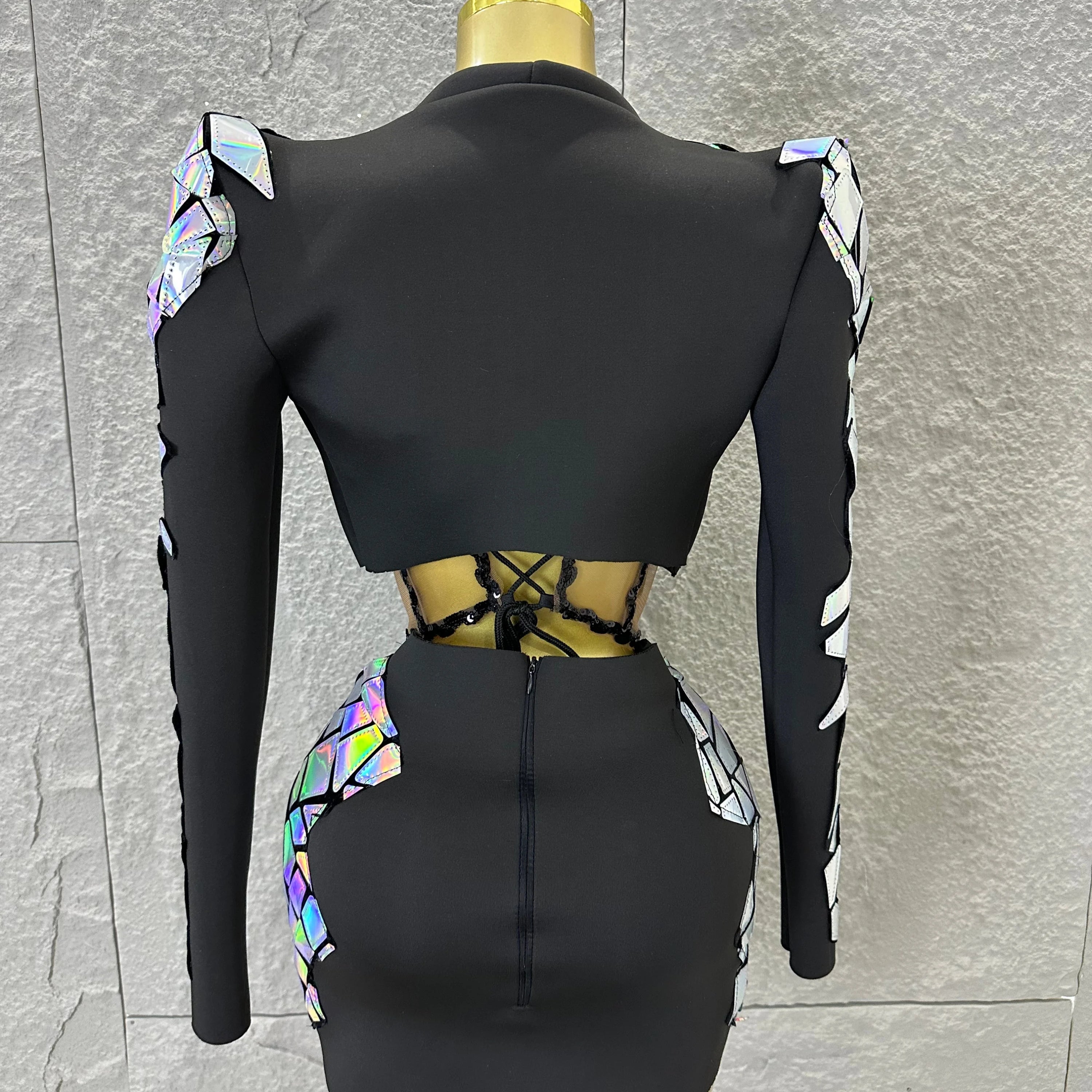 Edgy Black Luxury 3 Piece Set Women Mirror Reflective Patch Cropped Blazer Bralet Skirt Event Showmanship Performance Gown