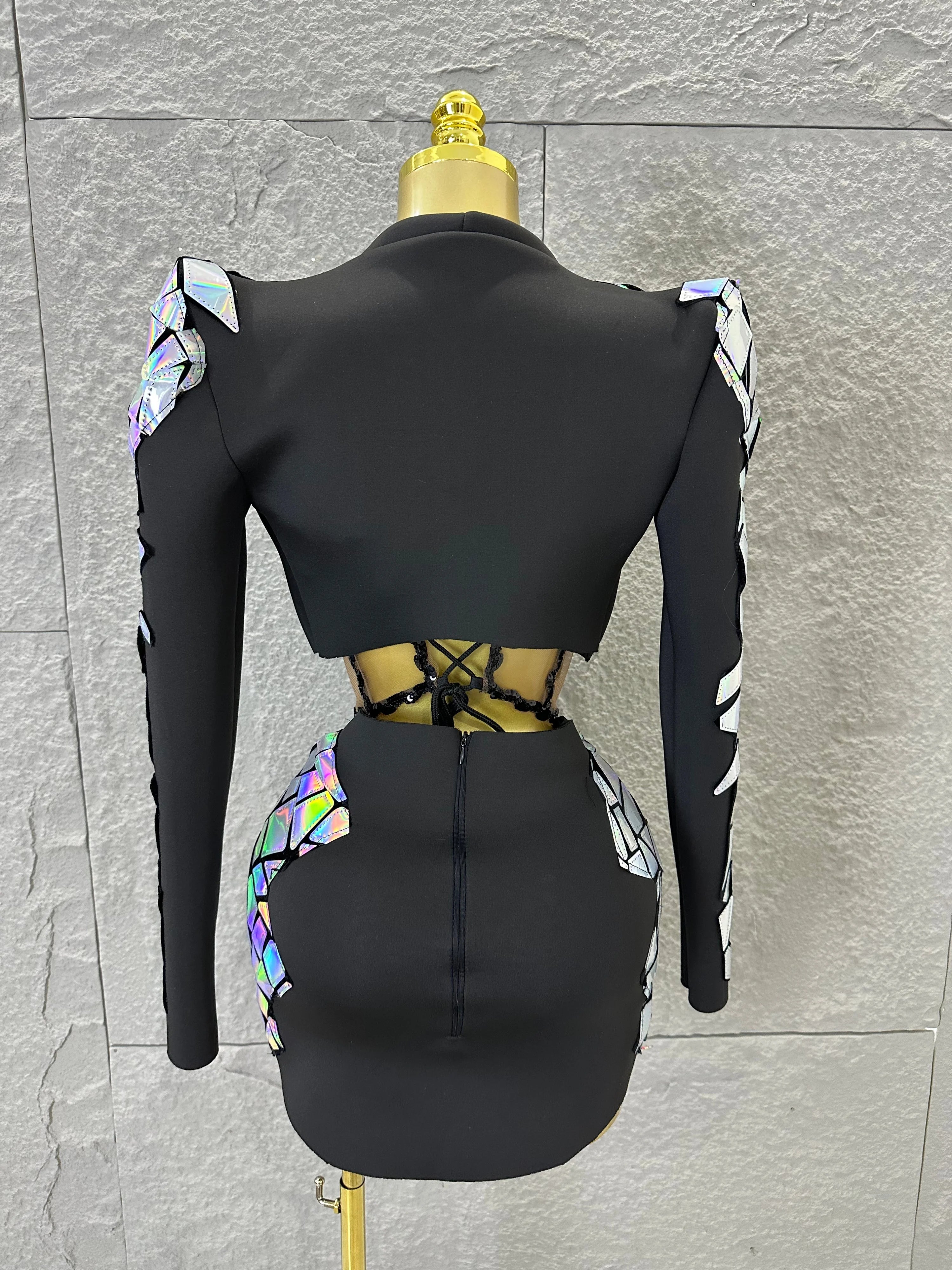 Edgy Black Luxury 3 Piece Set Women Mirror Reflective Patch Cropped Blazer Bralet Skirt Event Showmanship Performance Gown