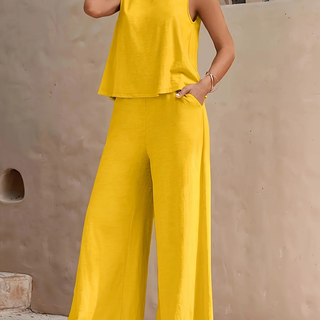 Plus Size 1XL-5XL Women's Fashion Women's Stylish Red Sleeveless Top & Wide-Leg Pants Set Ladies Spring/Summer Casual Wear Yellow