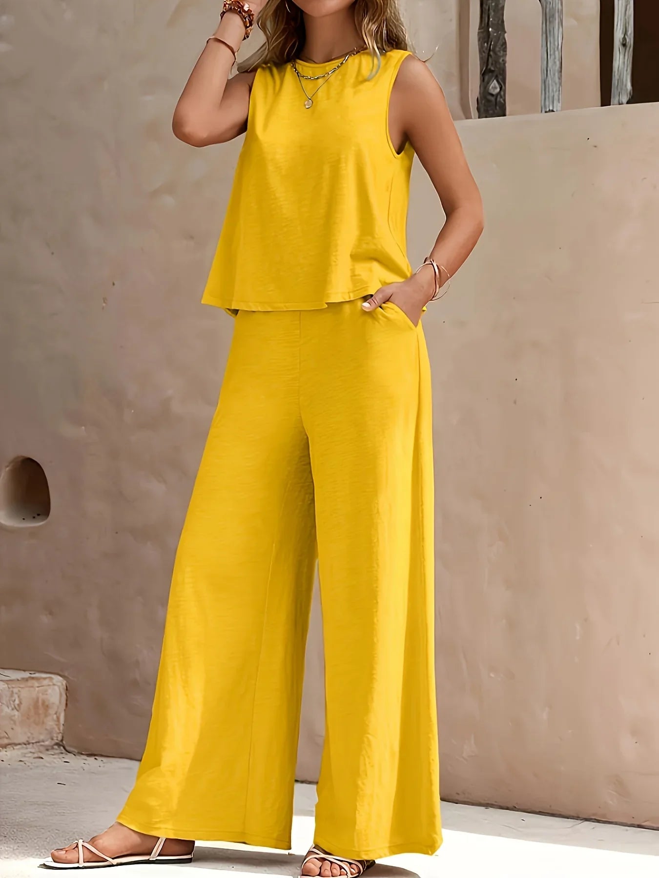 Plus Size 1XL-5XL Women's Fashion Women's Stylish Red Sleeveless Top & Wide-Leg Pants Set Ladies Spring/Summer Casual Wear Yellow