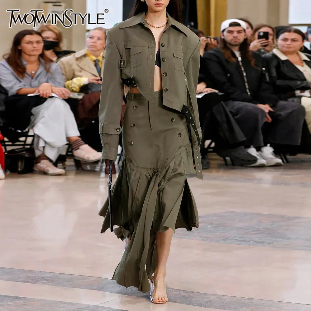 Solid Patchwork Button Two Piece Set For Women Lapel Long Sleeve Coat High Waist Irregular Skirt Chic Sets Female