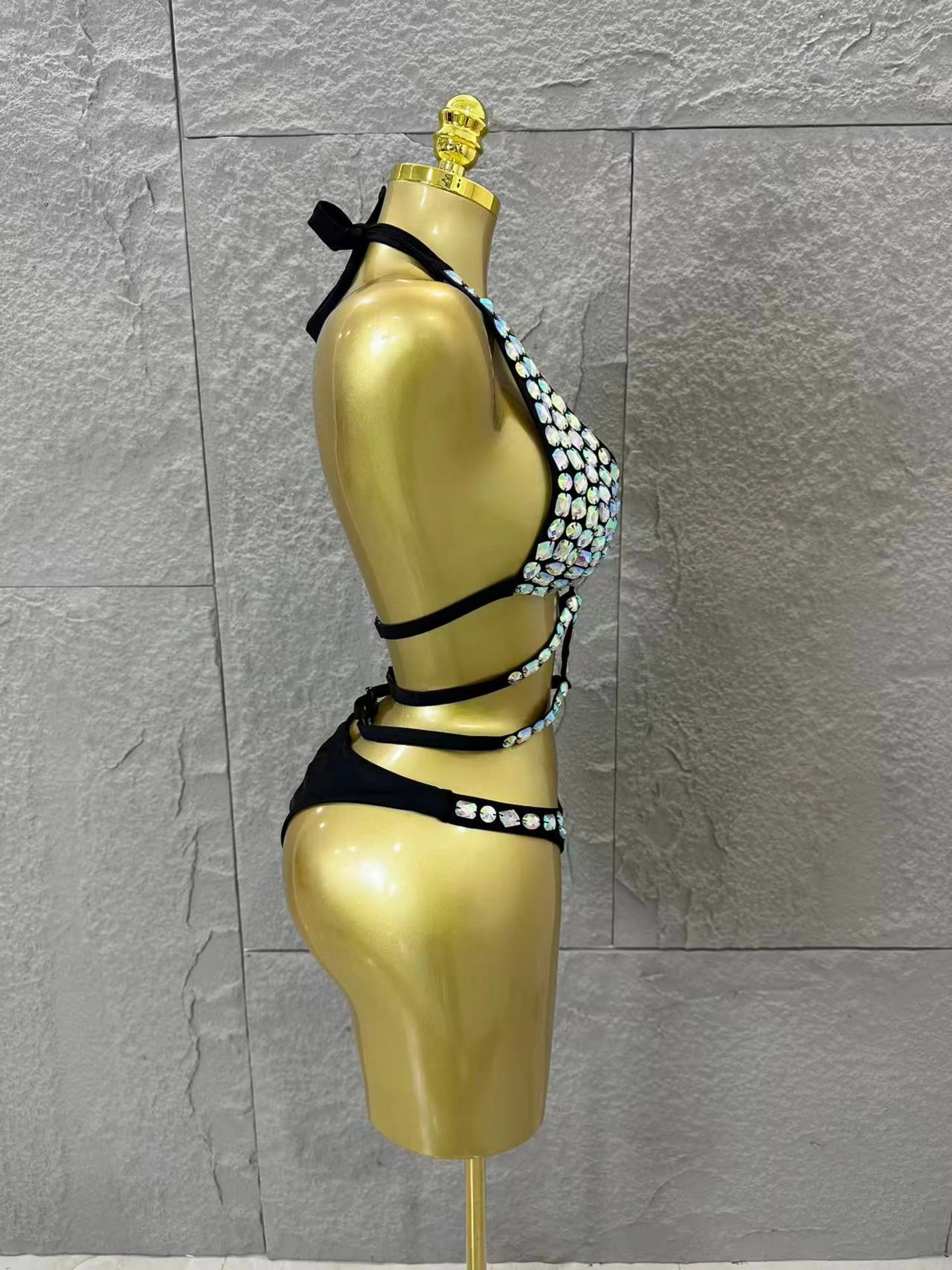 Women Sexy Halter Neck Iridescent Crystal Embellished Cutout Outfit Stage Performance Costume 2026 Luxurious Black Bodysuit