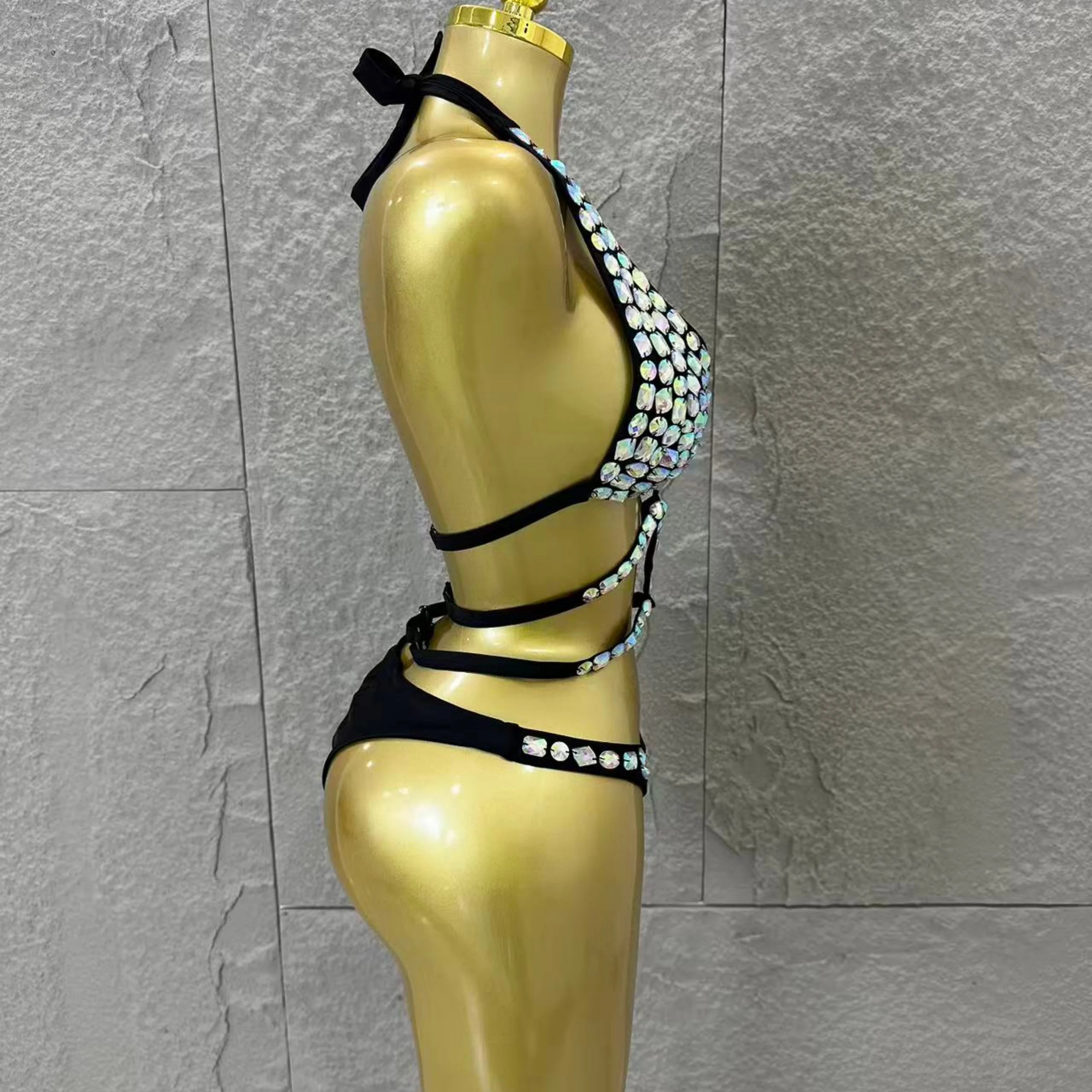 2026 Luxurious Black Bodysuit Women Sexy Halter Neck Iridescent Crystal Embellished Cutout Outfit Stage Performance Costume