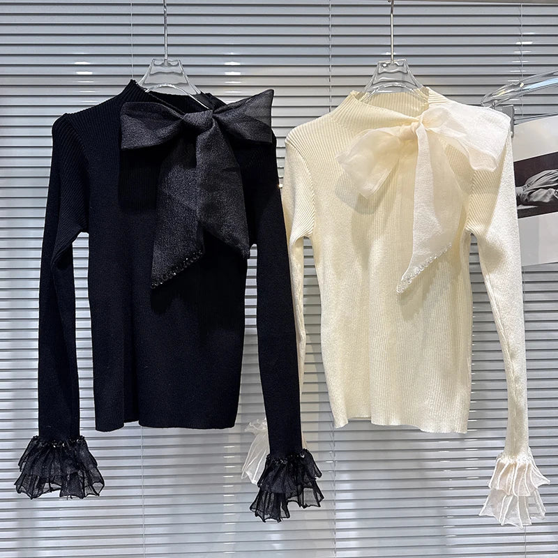 Winter New Fashion Rhinestone Bowknot Elastic Knitted Sweater For Women Slim Fit Versatile Pullover Female 11A07585