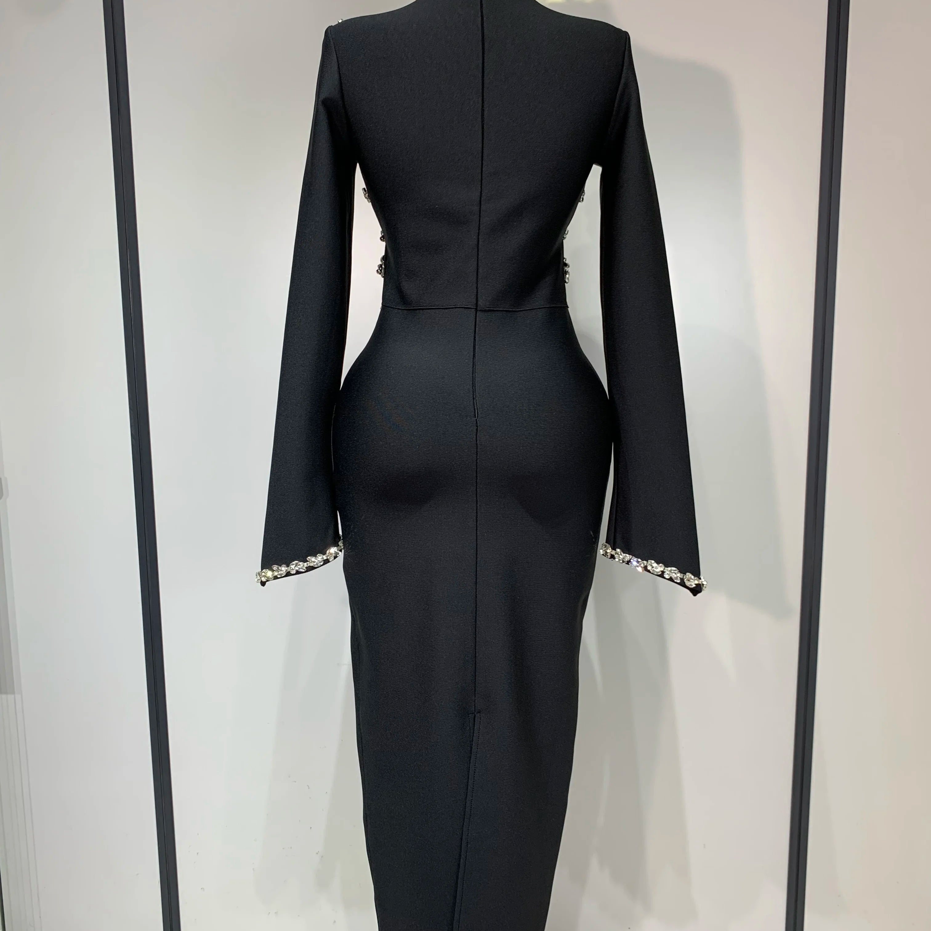Women Long Sleeve Shinning Crystal Bodycon Long Bandage Dress Celebirty Elegant Evening Party Luxury Birthday Dress