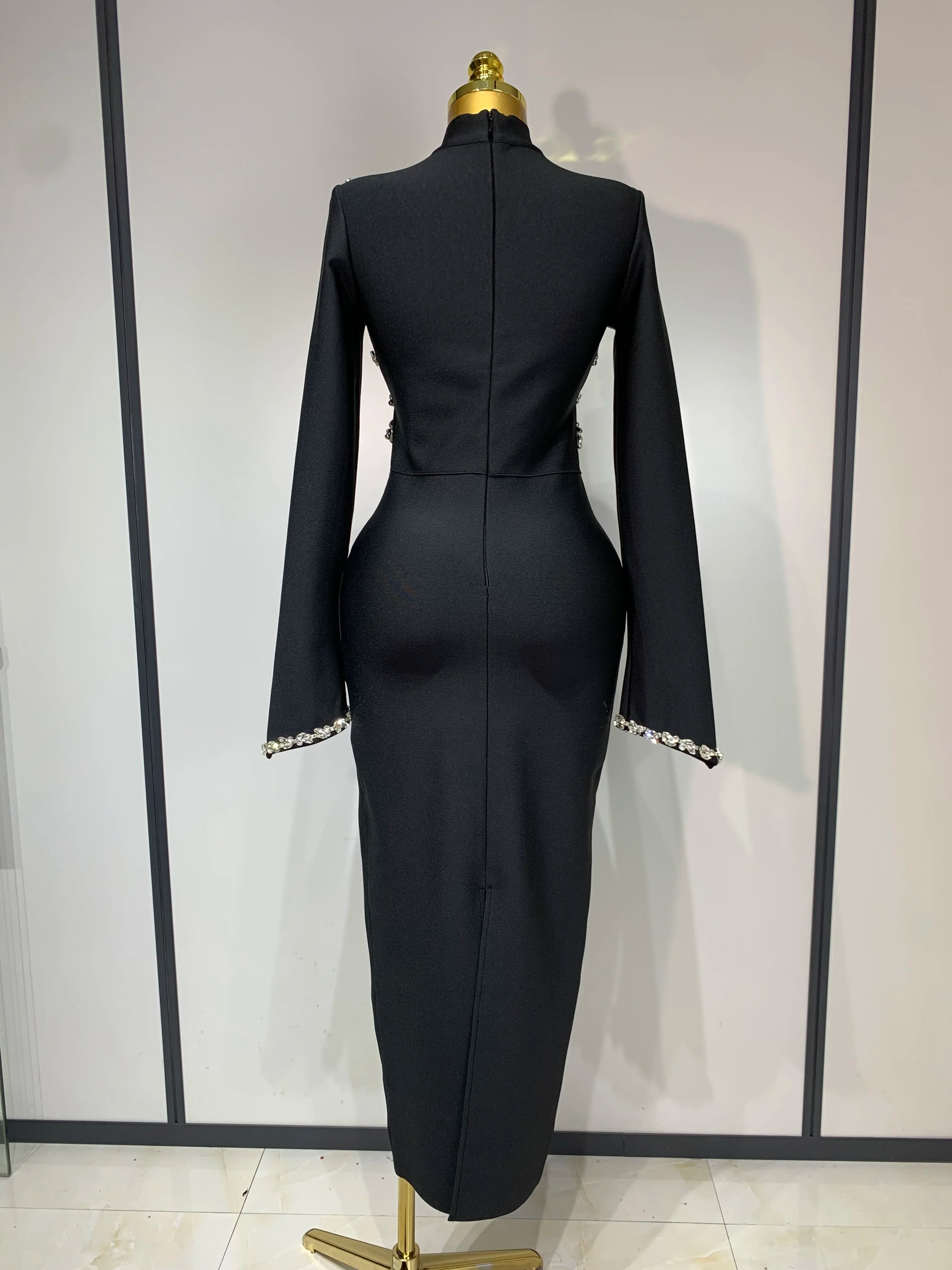 Women Long Sleeve Shinning Crystal Bodycon Long Bandage Dress Celebirty Elegant Evening Party Luxury Birthday Dress