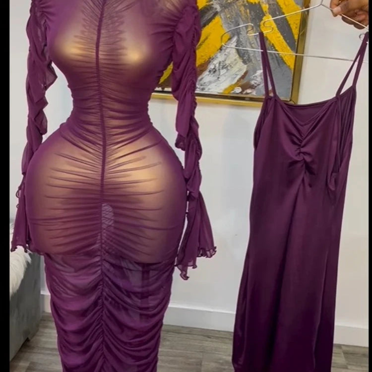 Women Flare Long Sleeve Stacked Ruched Mesh See Though with Tank Dress Maxi Long Dress 2025 Birthday Sexy Party Dresses PURPLE