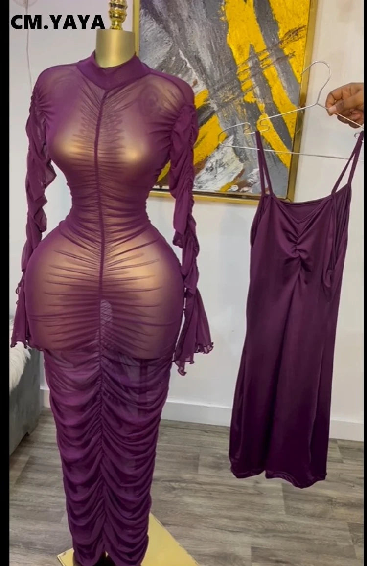 Women Flare Long Sleeve Stacked Ruched Mesh See Though with Tank Dress Maxi Long Dress 2025 Birthday Sexy Party Dresses PURPLE