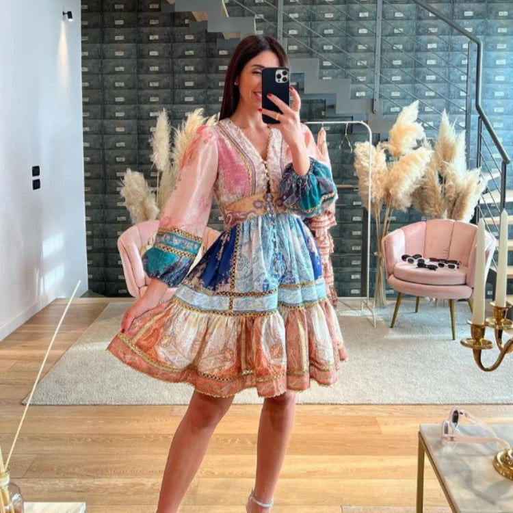 Retro Stripe Print Patchwork Maxi Dresses Women Loose V Neck Long Lantern Sleeve Long Dress Spring Chic Female Beach Casual Robe ORANGE RED