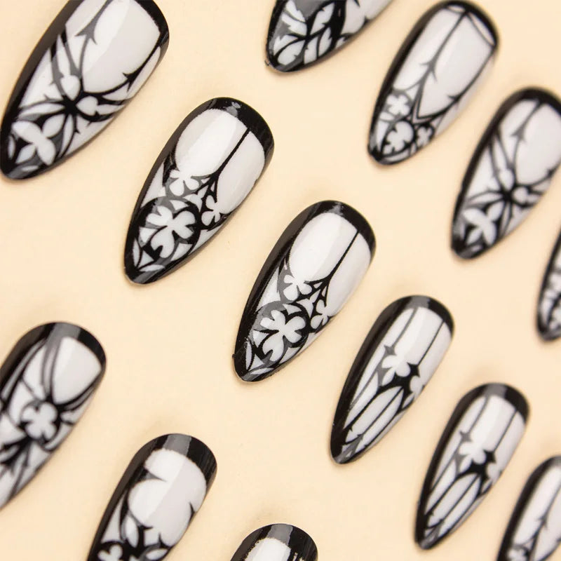 24 Pcs Gothic Fake Nails Almond Long Press On Nails White Glossy Reusable False Nail Jelly Tabs Halloween For Girls Stick On