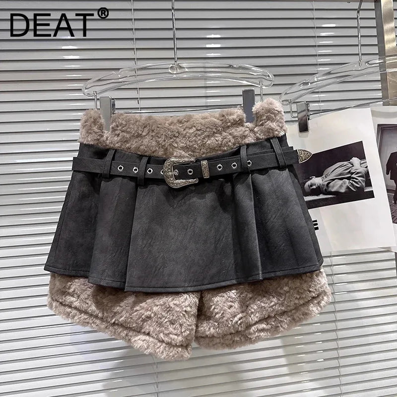 Winter New Fashion Metal Belt Suede Hem Fleece Fluffy Shorts Skirt For Women Versatile Sweet Mini Skirts 11A07958
