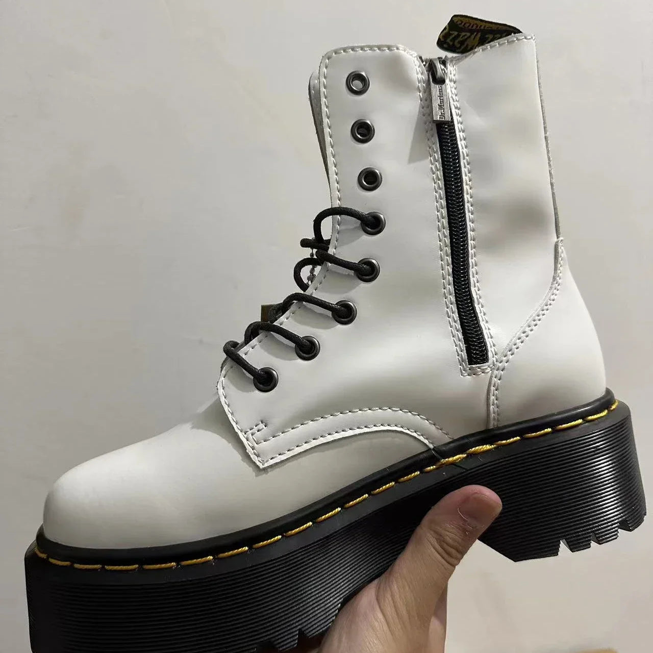 Original Women Platform Boots Leather Men Thick Sole Ankle Sexy Female Punk Motorcycle Shoes Combat Booties Plus Size NEW JADON white