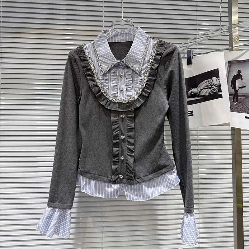 Winter New Style Rhinestone Ruffled Edge Patchwork Fake Two-Piece Shirt For Women Contrast Color Tops Female 11A07757