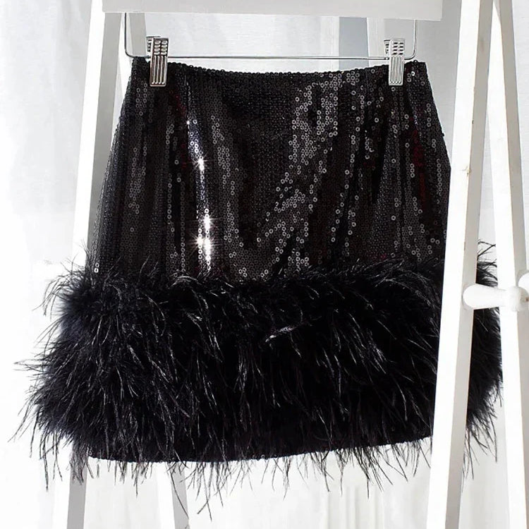 DEAT Spliced Feather Skirt Women Elastic Waist Slim Short Style Sexy Solid Color New Fashion Versatile Female 33A034 black