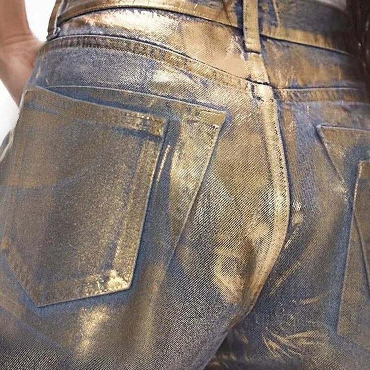 ZHYMIHRET Gold Stamping Straight Jeans For Women 2024 Autumn Winter Metallic Denim High Waist Pants Streetwear Y2K Clothing