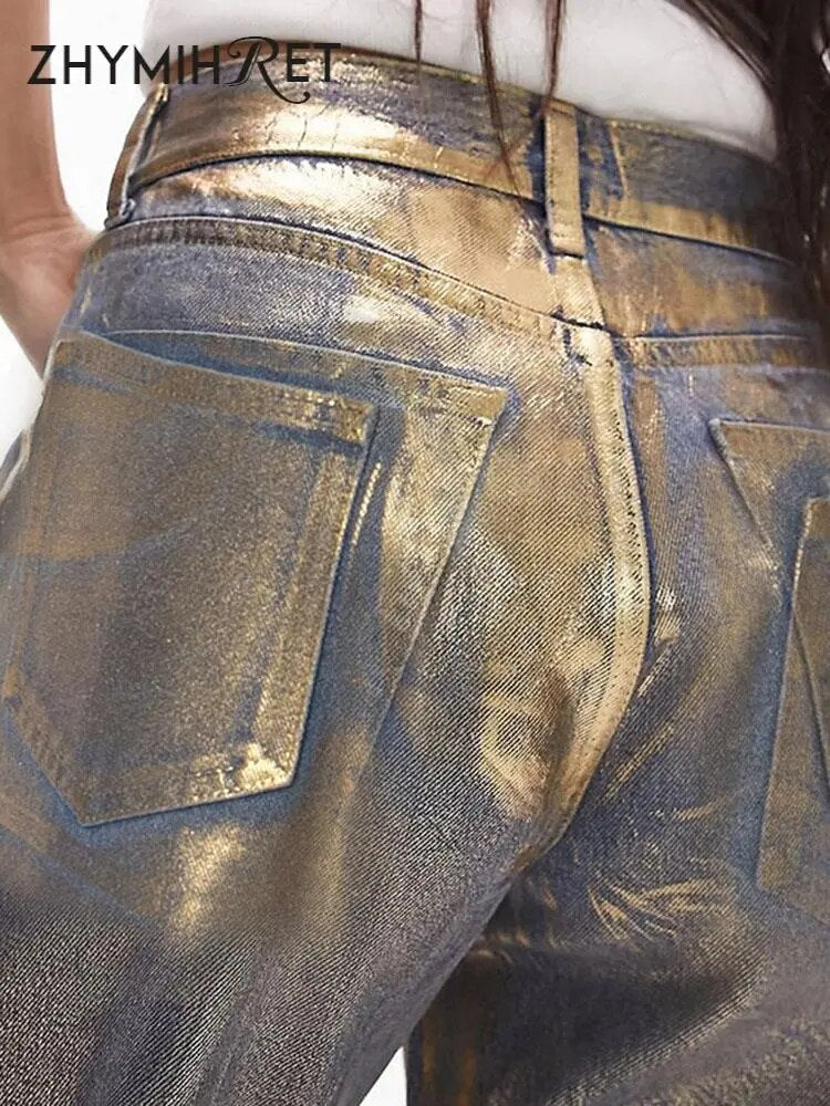 ZHYMIHRET Gold Stamping Straight Jeans For Women 2024 Autumn Winter Metallic Denim High Waist Pants Streetwear Y2K Clothing
