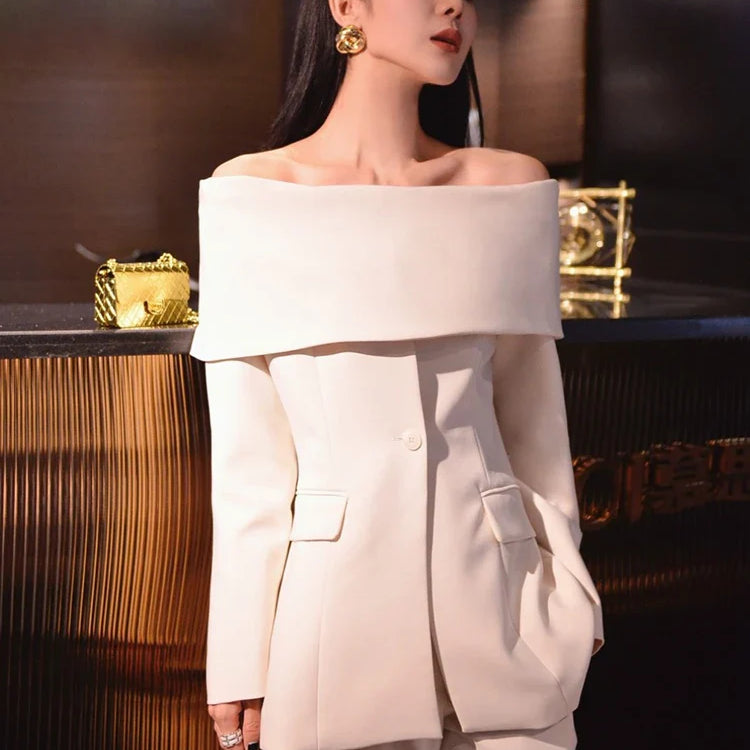 Slash Neck Chic Blazers For Women Off Shoulder Long Sleeve Patchwork Single Button Solid Coat Female Clothes 2022
