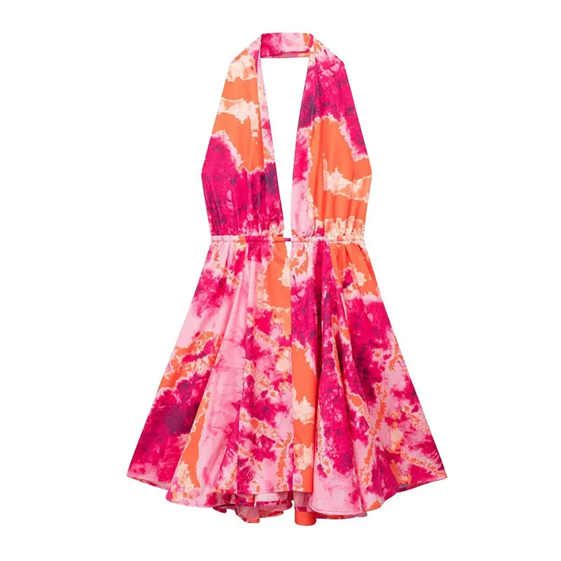 Floral Printed Beach Dress Women Mini Sexy Deep V-neck Backless Halter Female Dresses Summer Vacation Sleeveless Short Robe 01 Orange
