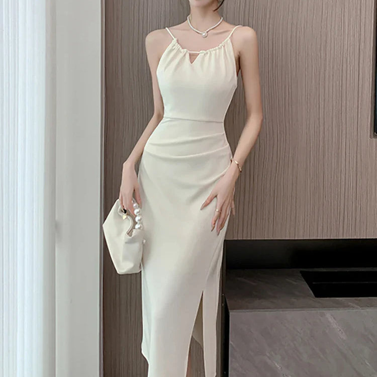 White Hollow Out Sexy Sling Long Dress for Women Korean Luxury Elegant Party Evening Dress Summer Fashion Bodycon Prom Robe